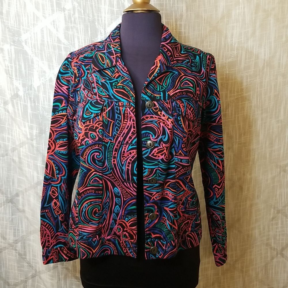 Chico's Jacket Women's Medium Artsy Retro Art to Wear Button Up Fall